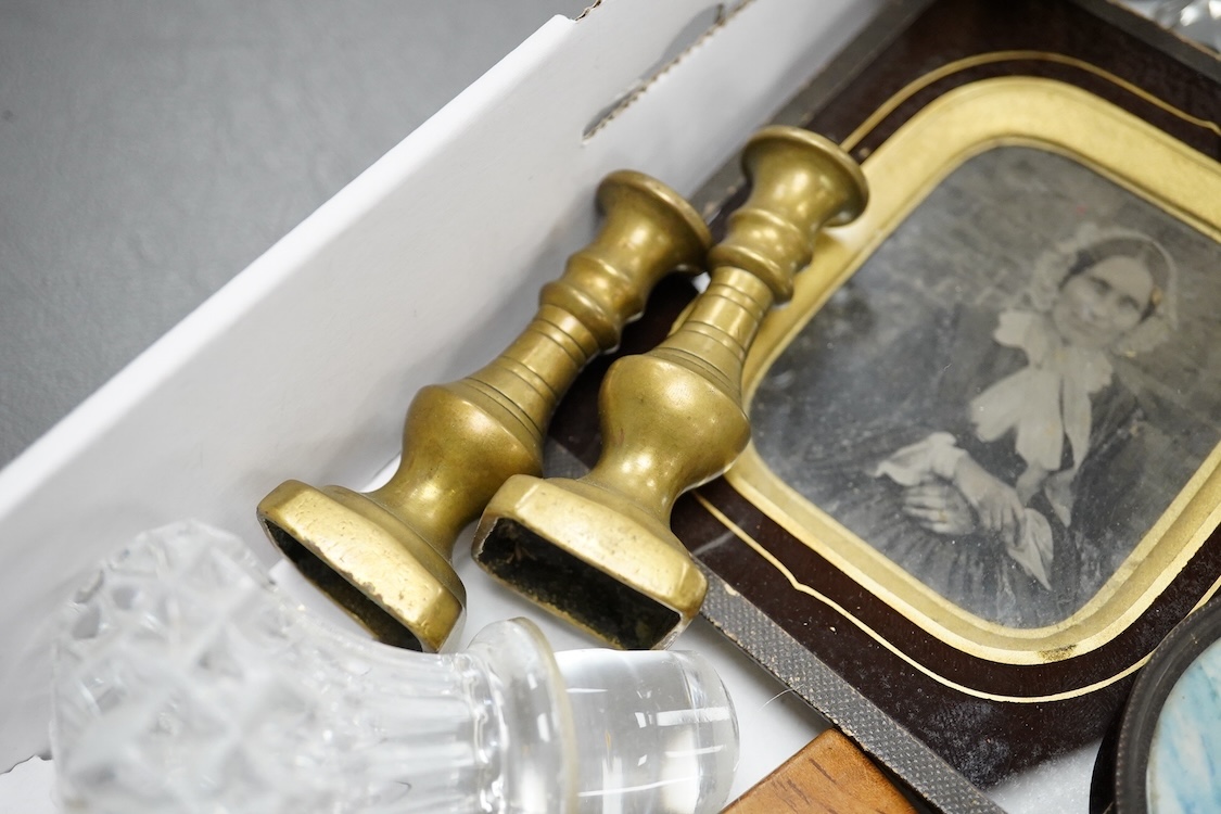 Sundry items to include a silver commemorative spoon, collection of marbles, brass candlestick and a souvenir treen ruler